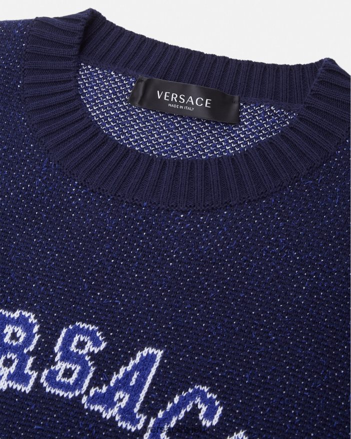 Blau Pullover mit College-Logo und Intarsienmuster Versace Männer Kleidung 8N4XJD1349
