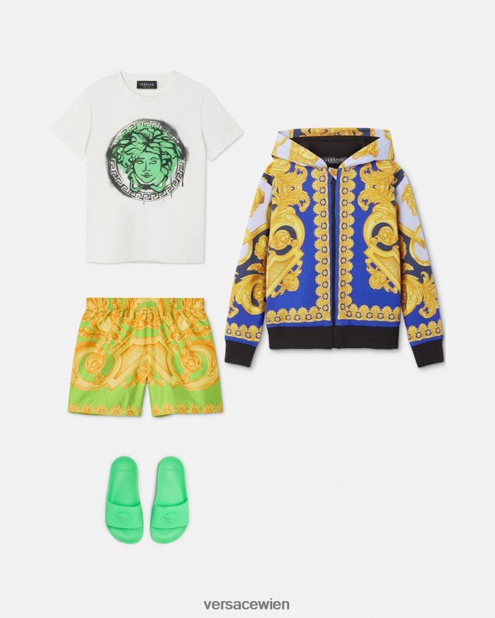 Blau und Gold Barocco 660 Kapuzenpullover mit Reißverschluss Versace Kinder Kleidung 8N4XJD2108