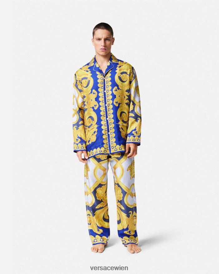 Blau und Gold Pyjamahose aus Seide im Barocco 660-Stil Versace Männer Unterwäsche und Strandbekleidung 8N4XJD1740