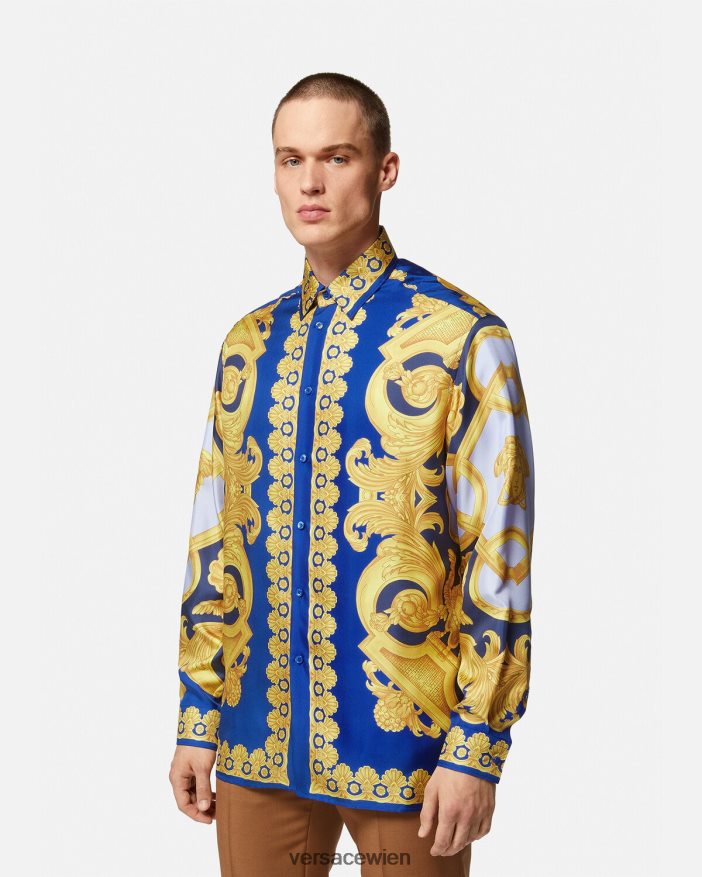 Blau und Gold Seidenhemd im Barocco 660-Stil Versace Männer Kleidung 8N4XJD1318