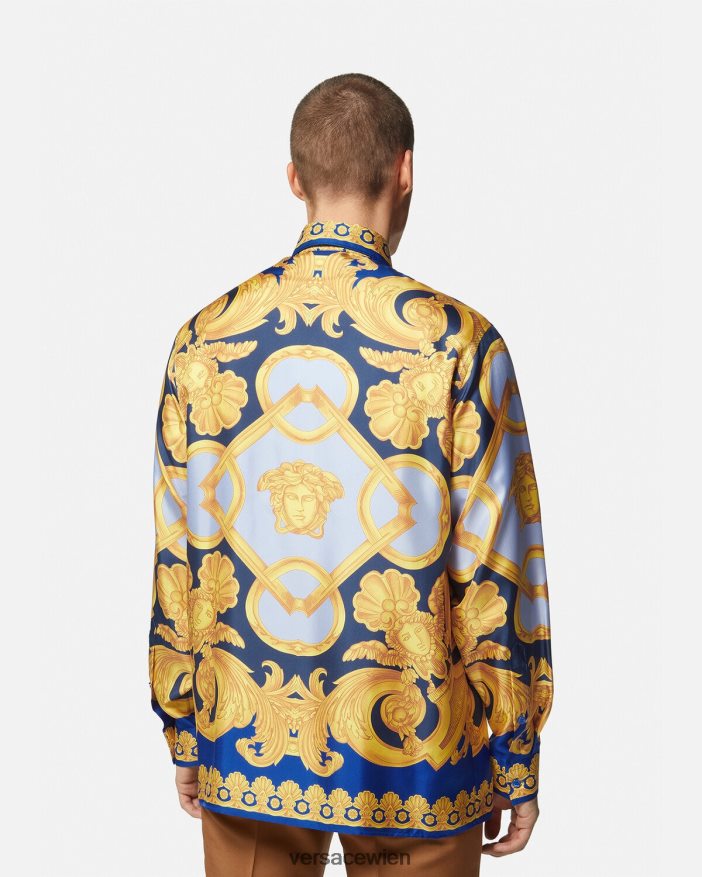 Blau und Gold Seidenhemd im Barocco 660-Stil Versace Männer Kleidung 8N4XJD1318