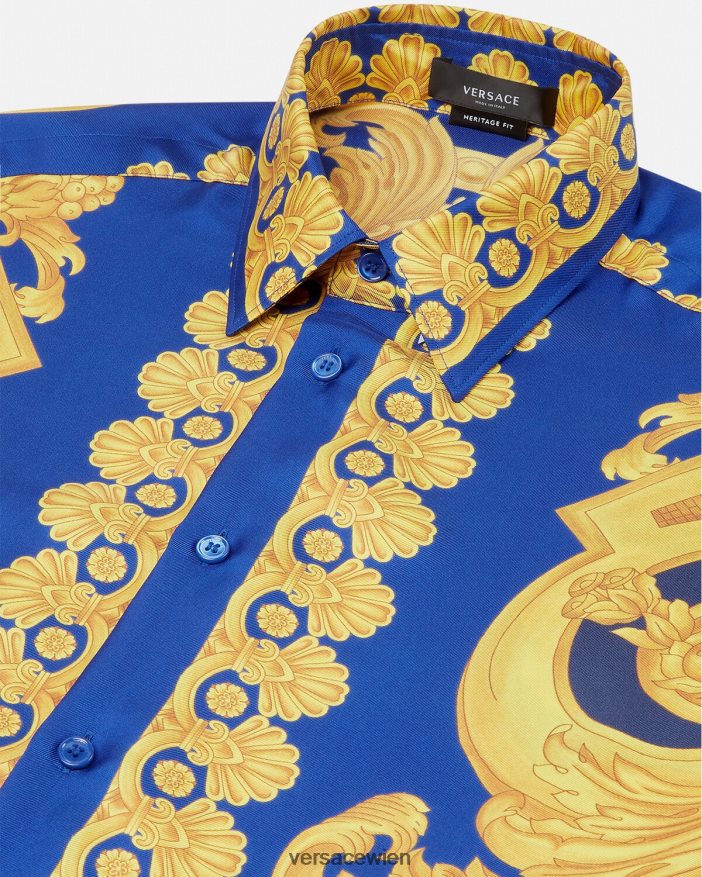Blau und Gold Seidenhemd im Barocco 660-Stil Versace Männer Kleidung 8N4XJD1318