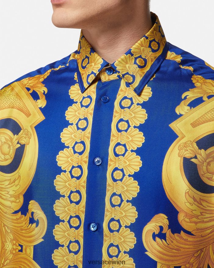 Blau und Gold Seidenhemd im Barocco 660-Stil Versace Männer Kleidung 8N4XJD1318