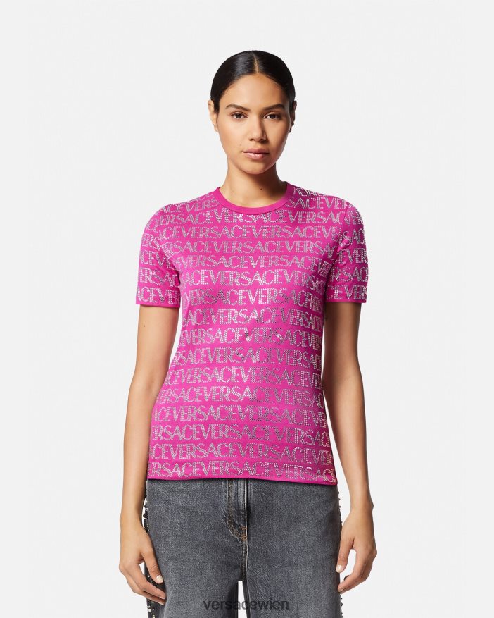 Fuchsie Allover-T-Shirt mit Kristallen Versace Frauen Kleidung 8N4XJD146