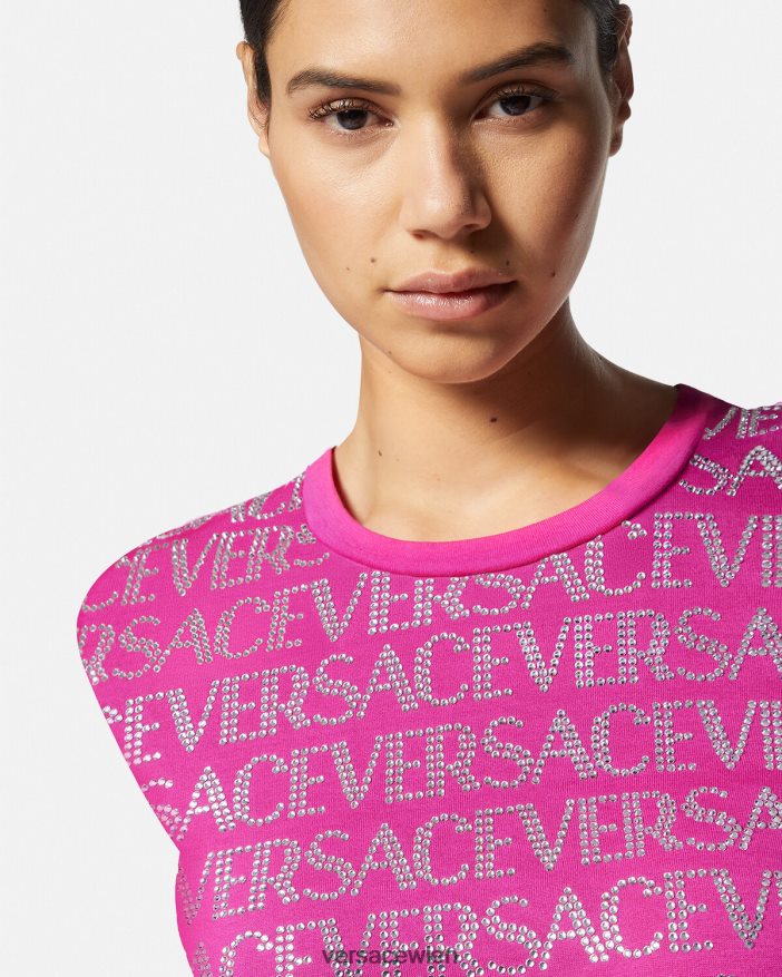Fuchsie Allover-T-Shirt mit Kristallen Versace Frauen Kleidung 8N4XJD146