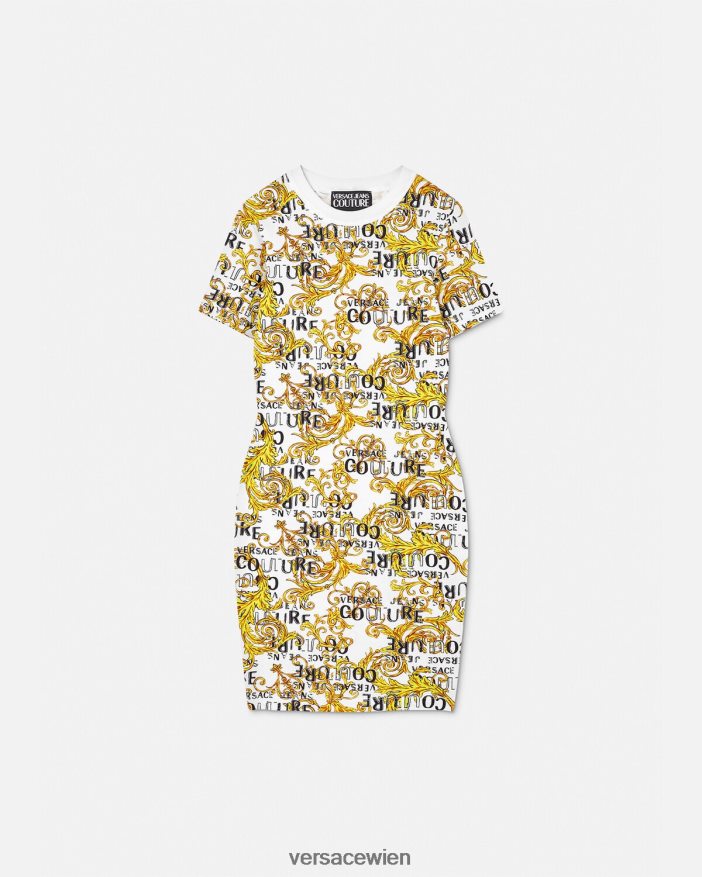 Gold und Weiß Couture-T-Shirt-Kleid mit Logo Versace Frauen Kleidung 8N4XJD2185