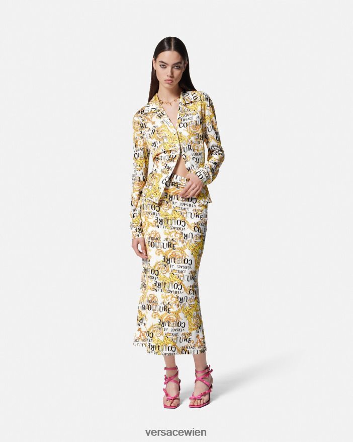 Gold und Weiß Logo-Couture-Midirock Versace Frauen Kleidung 8N4XJD2251