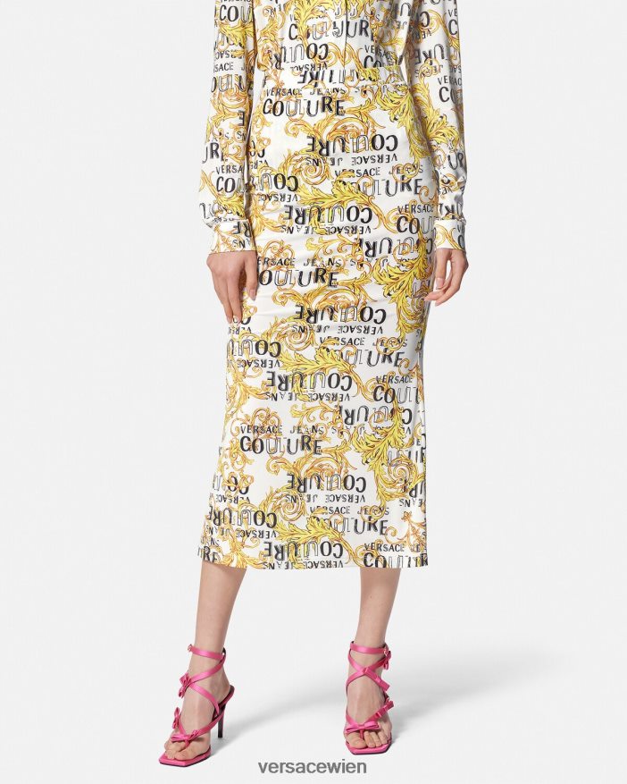 Gold und Weiß Logo-Couture-Midirock Versace Frauen Kleidung 8N4XJD2251