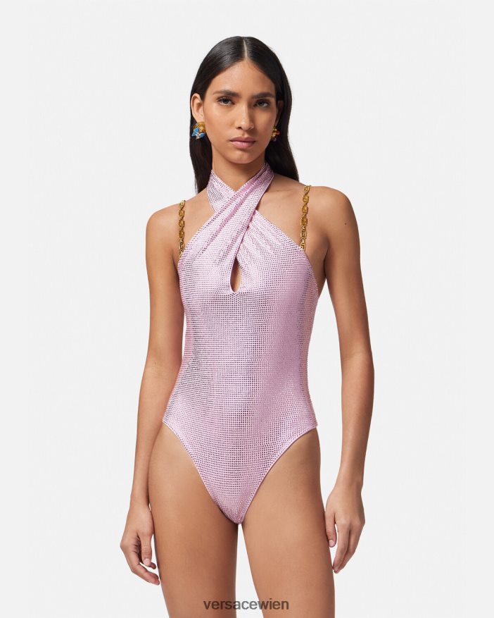 Rosa Kristall-Greca-Badeanzug Versace Frauen Unterwäsche und Strandbekleidung 8N4XJD1124