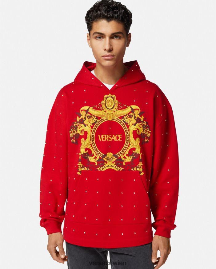 Rot Kapuzenpullover mit barockem Kristallgitter Versace Männer Kleidung 8N4XJD1421