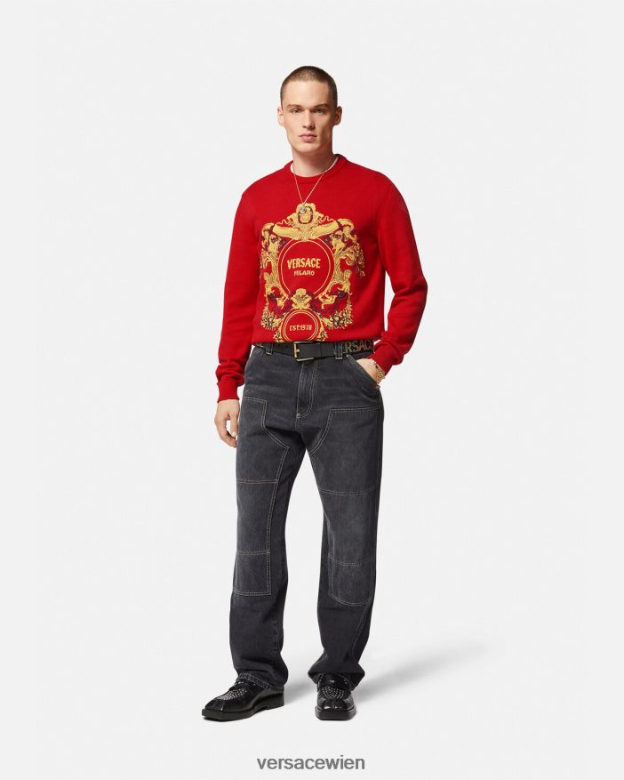 Rot Pullover mit barocker Intarsienstickerei Versace Männer Kleidung 8N4XJD1345