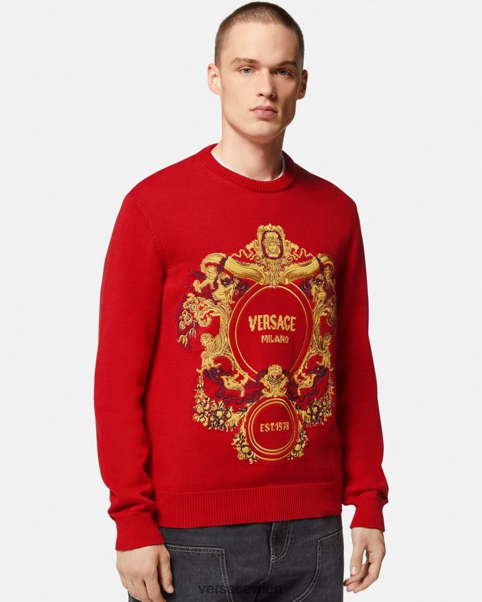 Rot Pullover mit barocker Intarsienstickerei Versace Männer Kleidung 8N4XJD1345