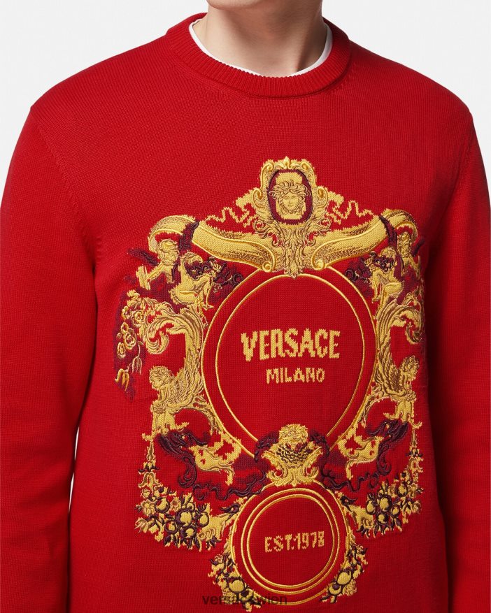 Rot Pullover mit barocker Intarsienstickerei Versace Männer Kleidung 8N4XJD1345