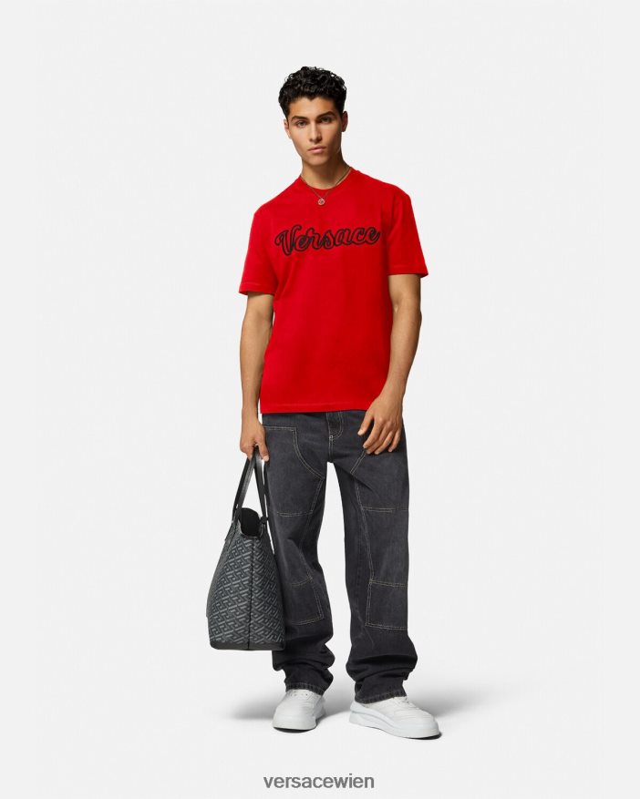Rot T-Shirt mit aufgesticktem College-Logo Versace Männer Kleidung 8N4XJD1405