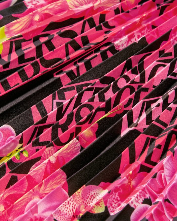 Schwarz  Druck Faltenrock mit Logo-Orchidee Versace Frauen Kleidung 8N4XJD183