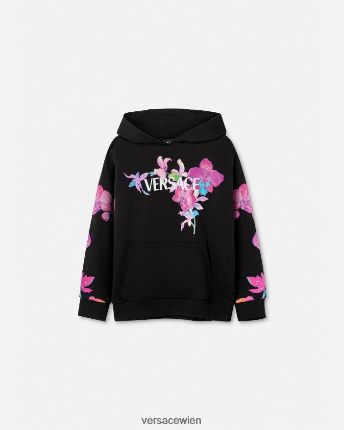 Schwarz  Druck Kapuzenpullover im Orchideen-Barocco-Stil Versace Kinder Kleidung 8N4XJD1972