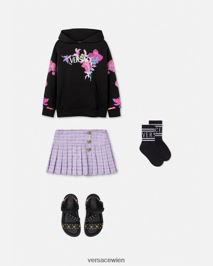 Schwarz  Druck Kapuzenpullover im Orchideen-Barocco-Stil Versace Kinder Kleidung 8N4XJD1972