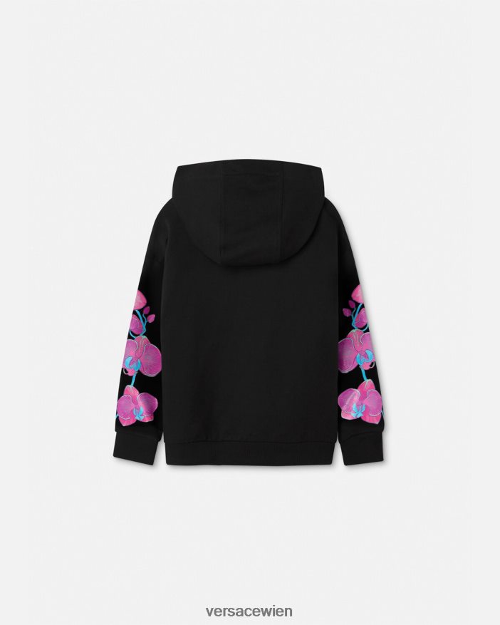 Schwarz  Druck Kapuzenpullover im Orchideen-Barocco-Stil Versace Kinder Kleidung 8N4XJD1972