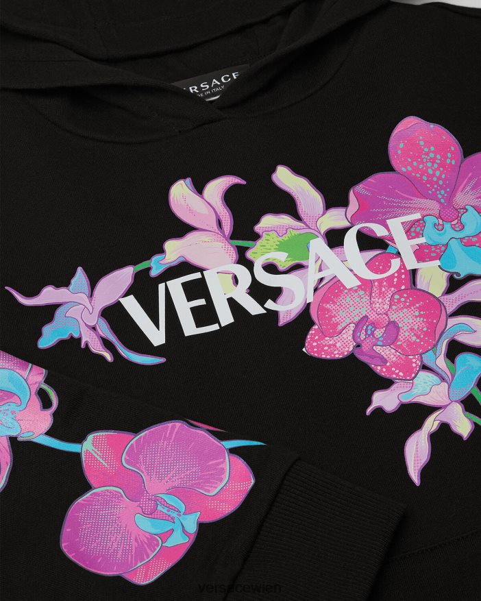 Schwarz  Druck Kapuzenpullover im Orchideen-Barocco-Stil Versace Kinder Kleidung 8N4XJD1972