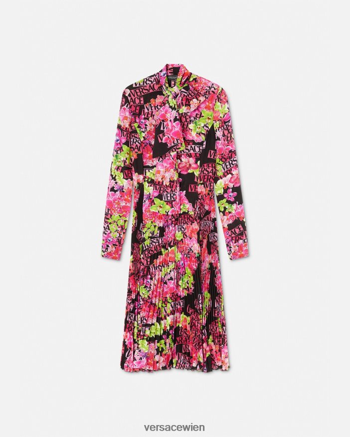 Schwarz  Druck Midi-Hemdkleid mit Logo-Orchidee Versace Frauen Kleidung 8N4XJD68