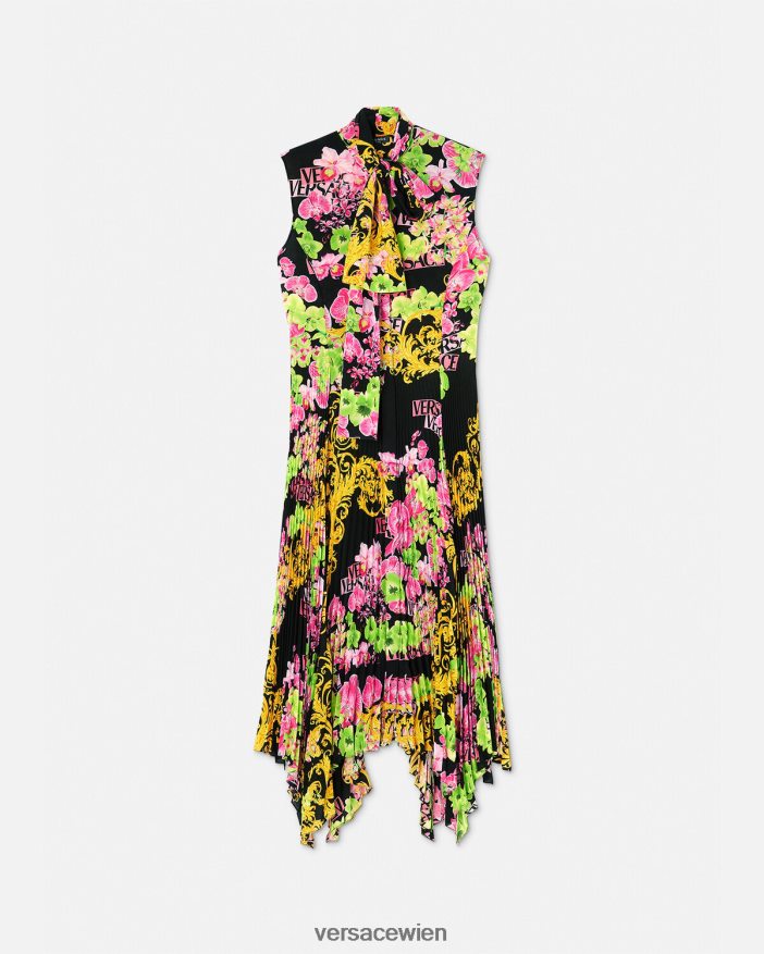 Schwarz  Druck Midi-Hemdkleid mit Logo-Orchidee Versace Frauen Kleidung 8N4XJD69