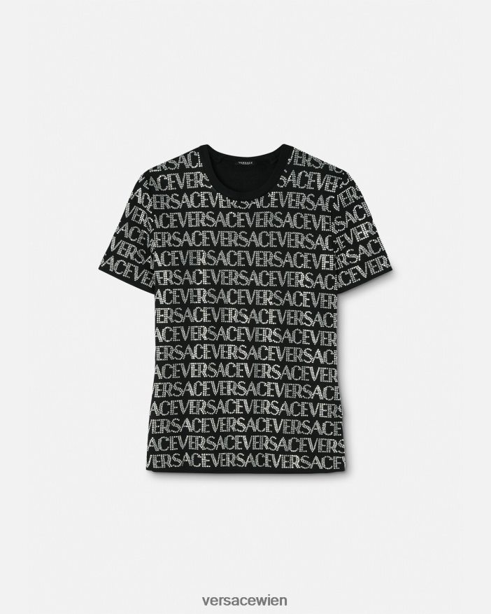 Schwarz Allover-T-Shirt mit Kristallen Versace Frauen Kleidung 8N4XJD147