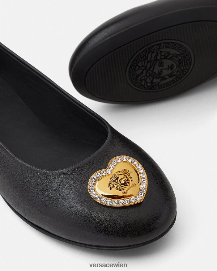 Schwarz Ballerinas mit Kristallherz und Medusa Versace Kinder Schuh 8N4XJD2032