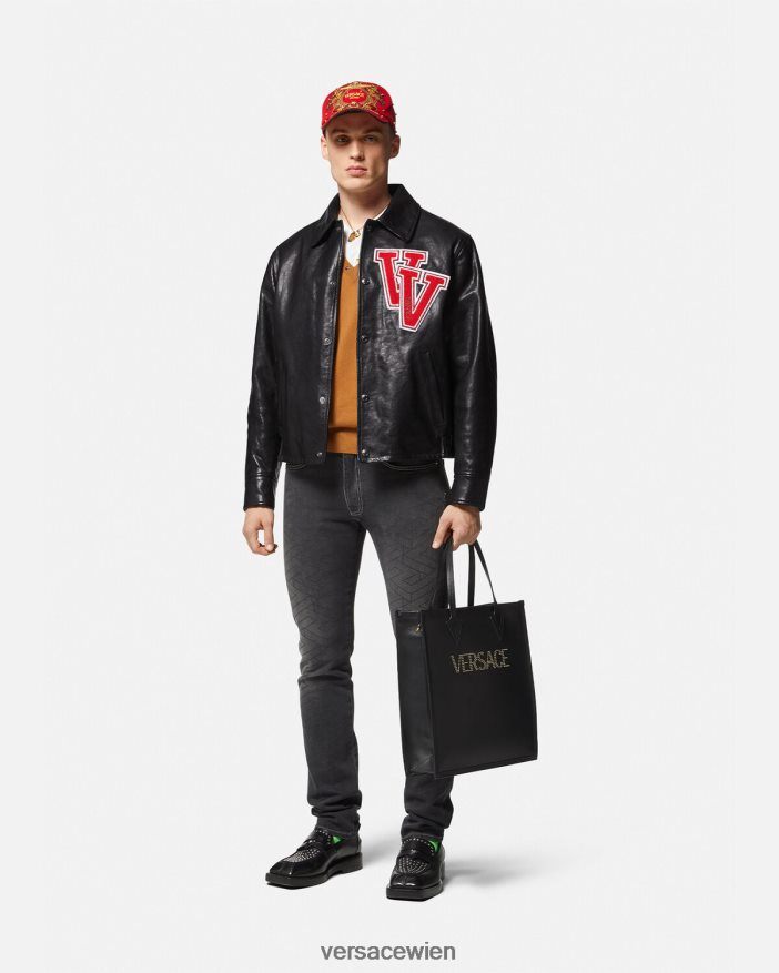 Schwarz College-Lederjacke Versace Männer Kleidung 8N4XJD1258