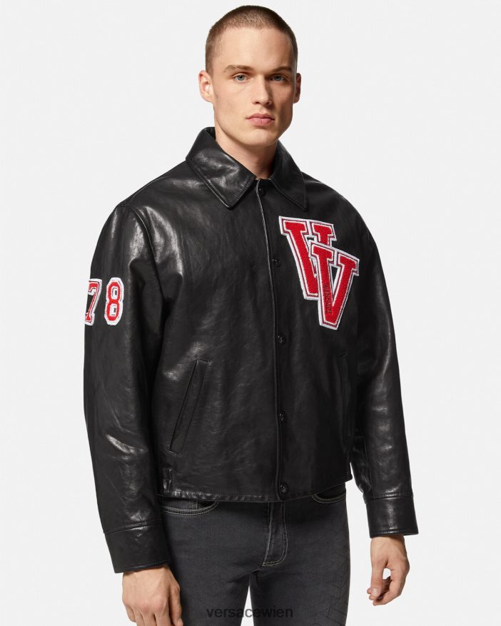 Schwarz College-Lederjacke Versace Männer Kleidung 8N4XJD1258