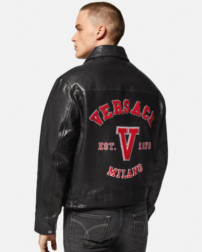 Schwarz College-Lederjacke Versace Männer Kleidung 8N4XJD1258