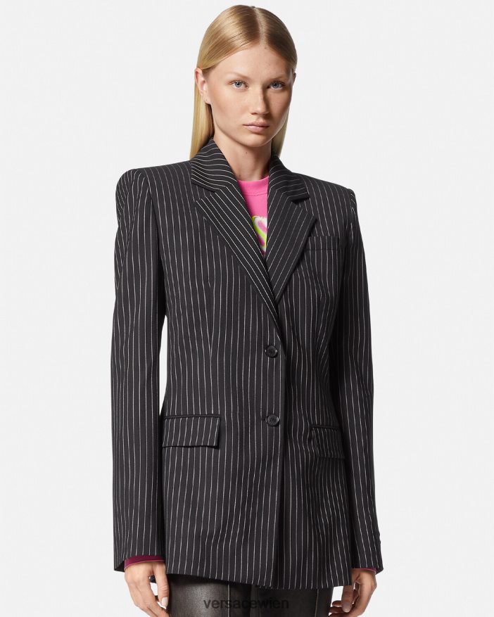 Schwarz Einreihiger Blazer mit Nadelstreifen Versace Frauen Kleidung 8N4XJD113