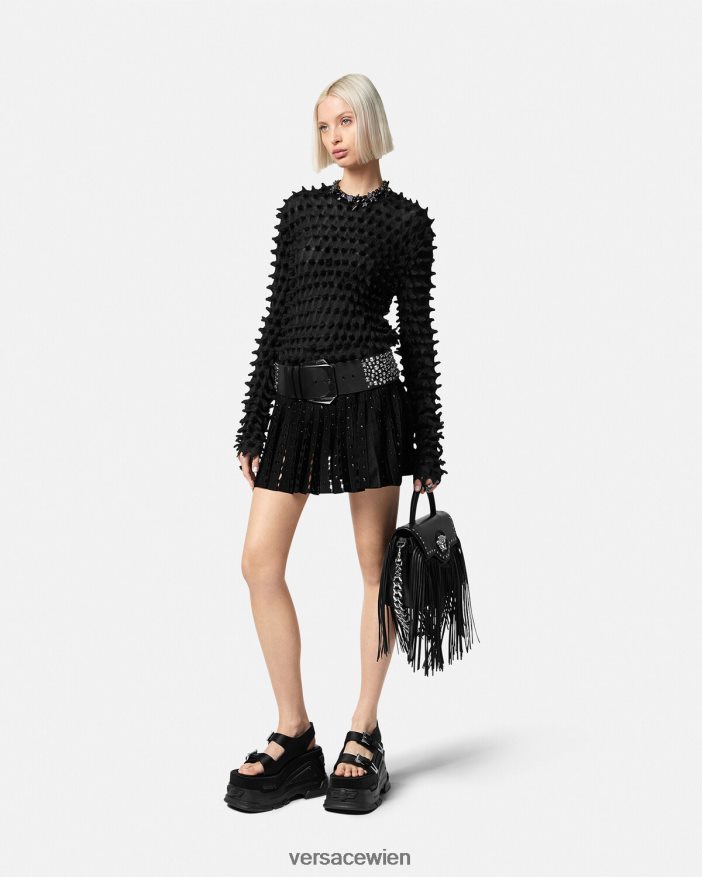 Schwarz Falten-Minirock aus Stachelstrick Versace Frauen Kleidung 8N4XJD184