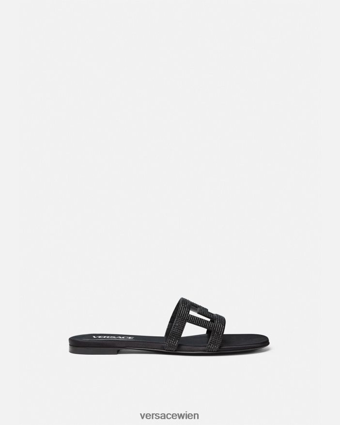 Schwarz Flache Sandalen mit Greca-Maze-Kristallen Versace Frauen Schuh 8N4XJD472