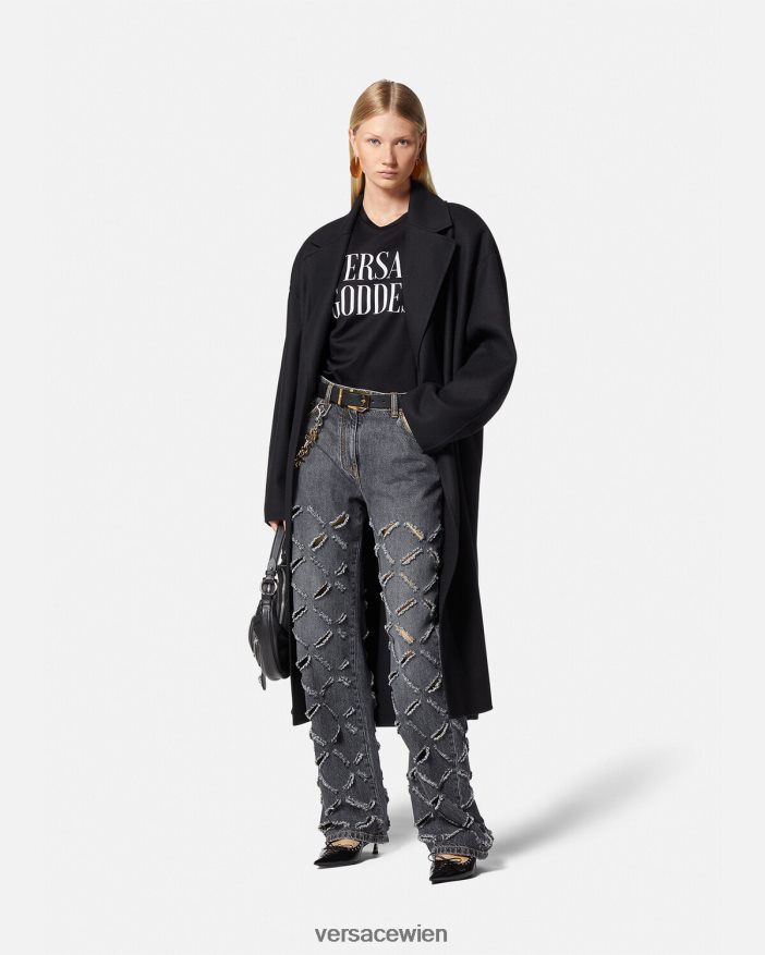 Schwarz Göttin gerolltes T-Shirt Versace Frauen Kleidung 8N4XJD155