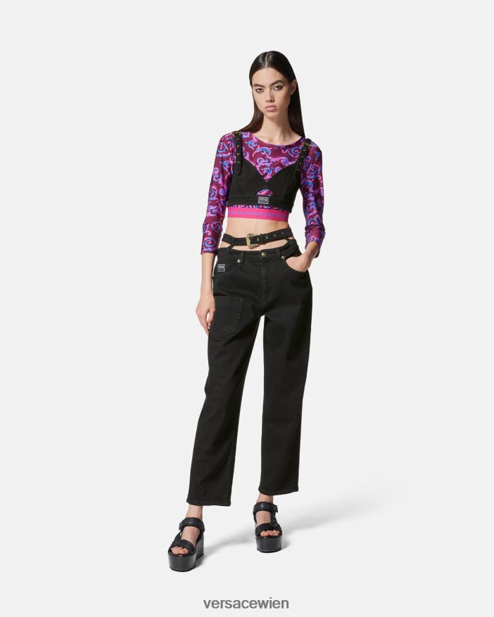Schwarz Jeans-Crop-Top mit barocker Schnalle Versace Frauen Kleidung 8N4XJD2145