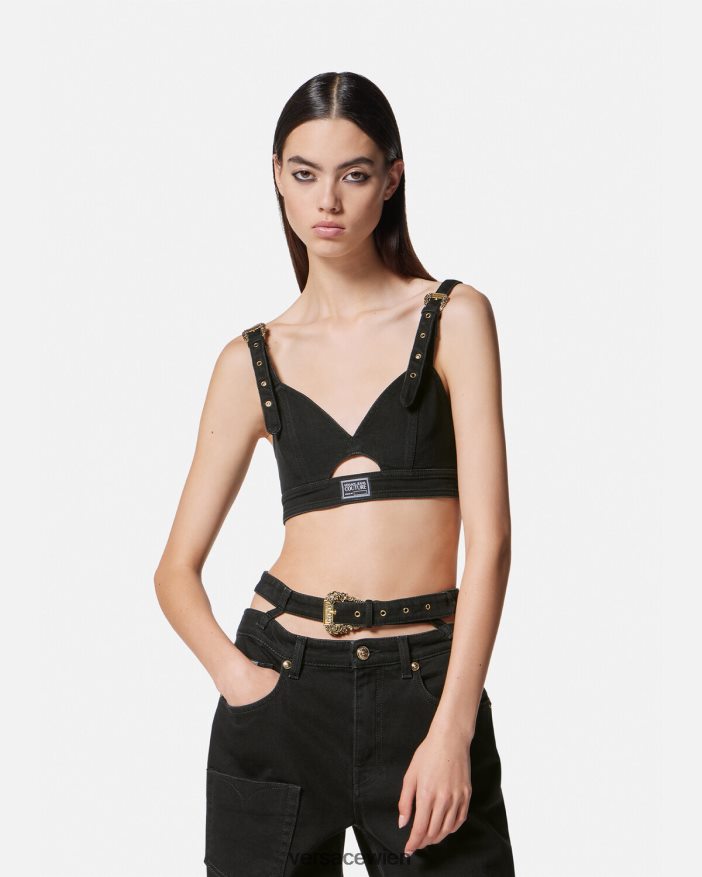 Schwarz Jeans-Crop-Top mit barocker Schnalle Versace Frauen Kleidung 8N4XJD2145