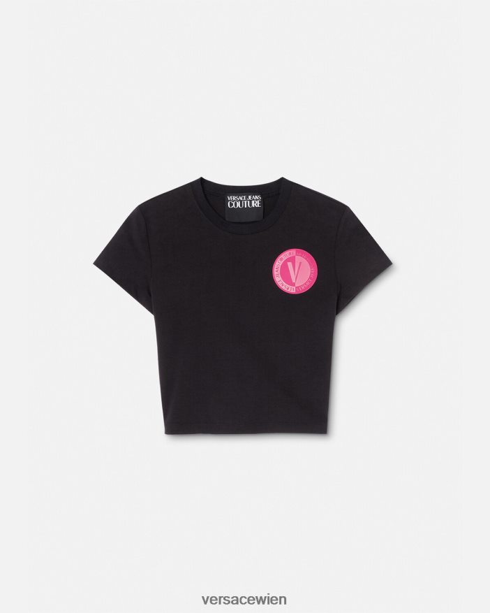 Schwarz Kurzes T-Shirt mit V-Emblem Versace Frauen Kleidung 8N4XJD2230