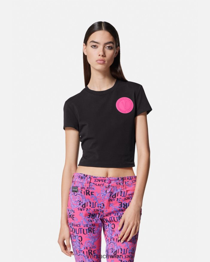 Schwarz Kurzes T-Shirt mit V-Emblem Versace Frauen Kleidung 8N4XJD2230