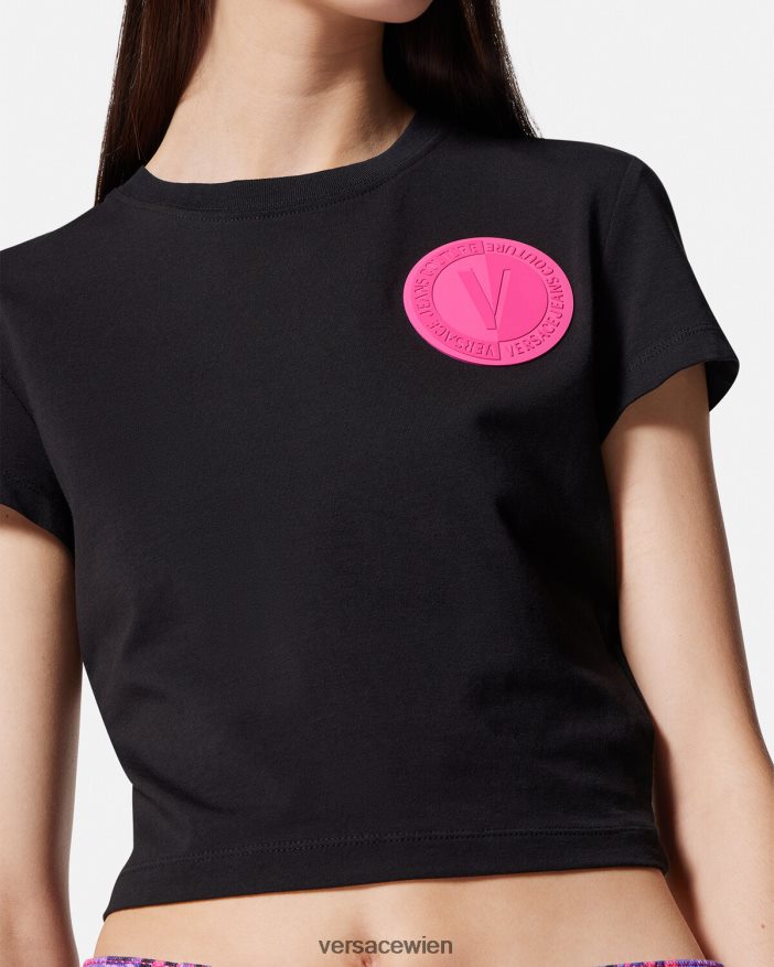 Schwarz Kurzes T-Shirt mit V-Emblem Versace Frauen Kleidung 8N4XJD2230