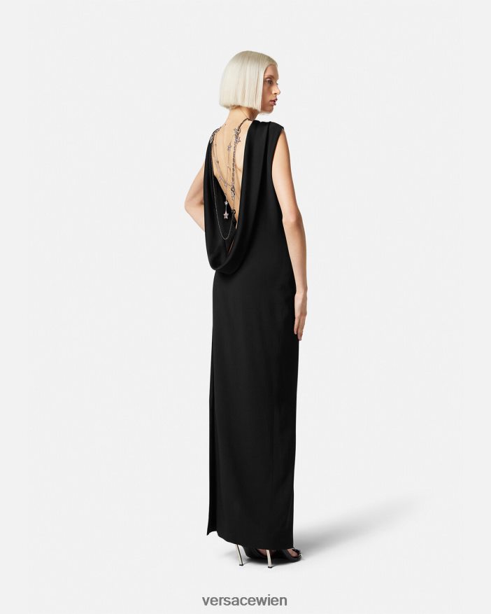 Schwarz Langes Kleid mit Kapuze Versace Frauen Kleidung 8N4XJD58