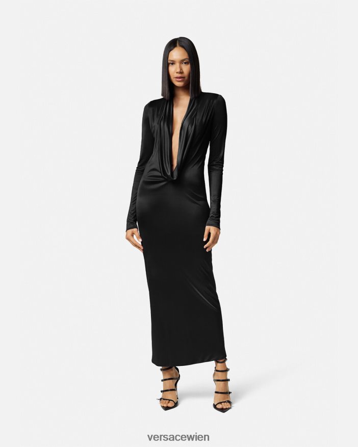 Schwarz Langes Kleid mit Kapuze Versace Frauen Kleidung 8N4XJD59
