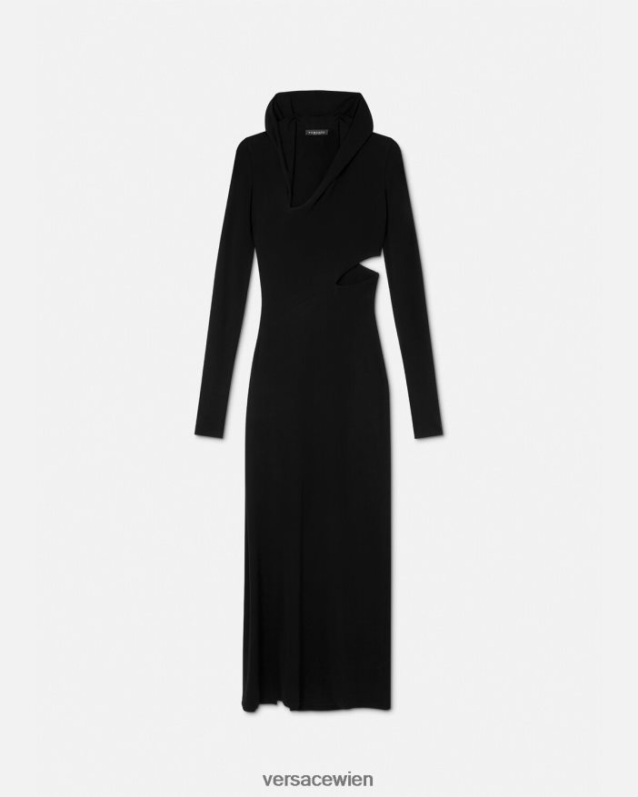 Schwarz Langes Kleid mit geschlitztem Kapuzenpullover Versace Frauen Kleidung 8N4XJD52