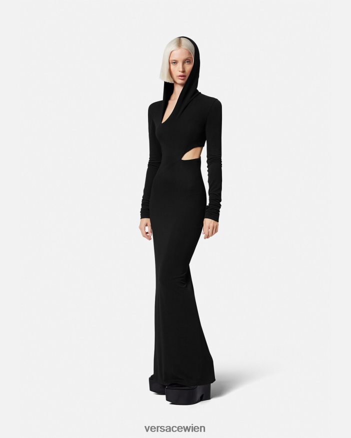 Schwarz Langes Kleid mit geschlitztem Kapuzenpullover Versace Frauen Kleidung 8N4XJD52