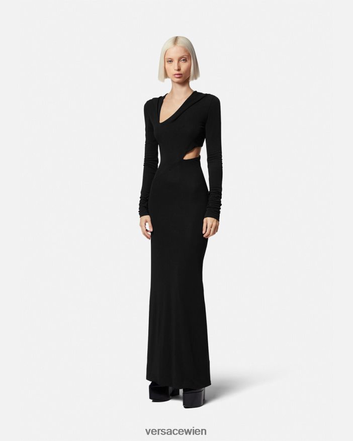 Schwarz Langes Kleid mit geschlitztem Kapuzenpullover Versace Frauen Kleidung 8N4XJD52