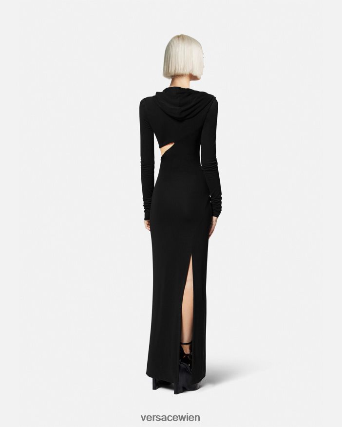 Schwarz Langes Kleid mit geschlitztem Kapuzenpullover Versace Frauen Kleidung 8N4XJD52