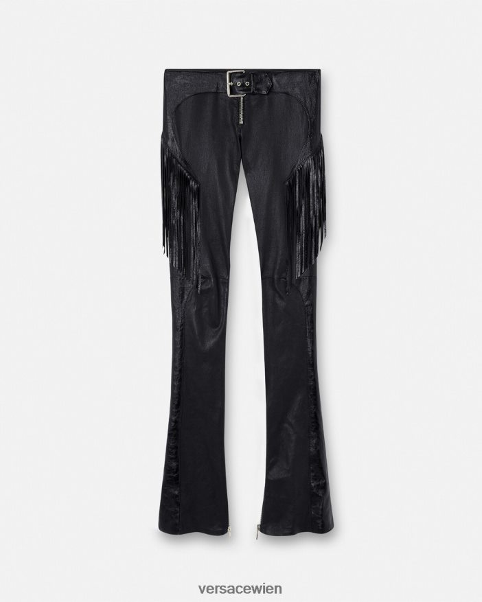 Schwarz Lederhose mit Fransen Versace Frauen Kleidung 8N4XJD223
