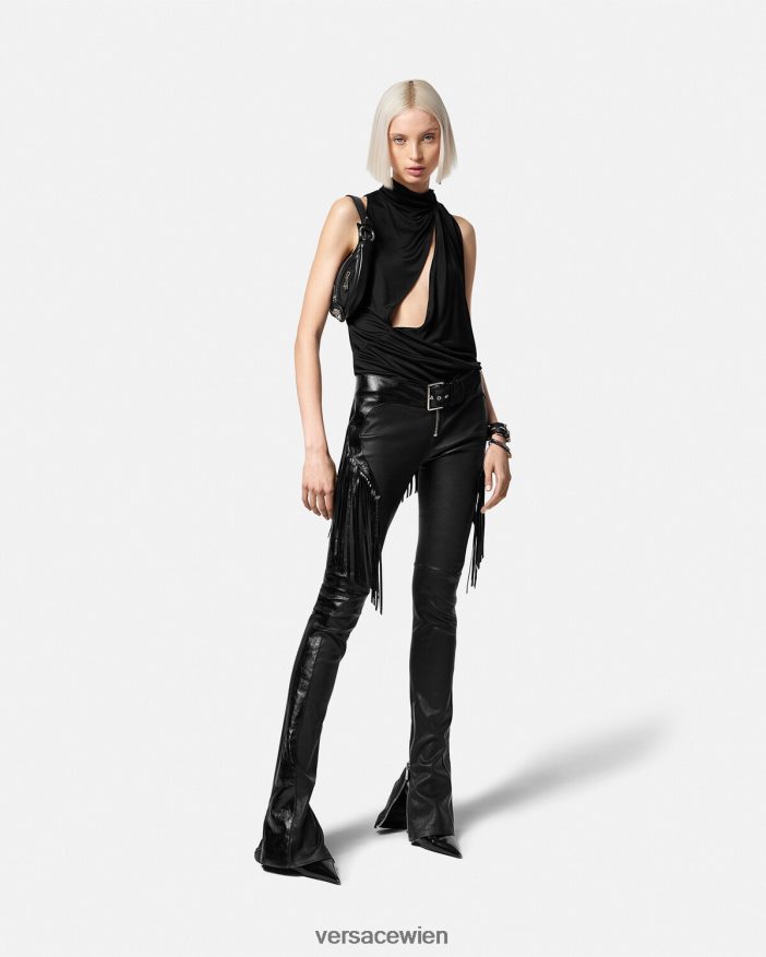 Schwarz Lederhose mit Fransen Versace Frauen Kleidung 8N4XJD223