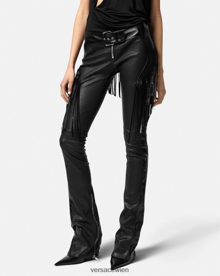 Schwarz Lederhose mit Fransen Versace Frauen Kleidung 8N4XJD223