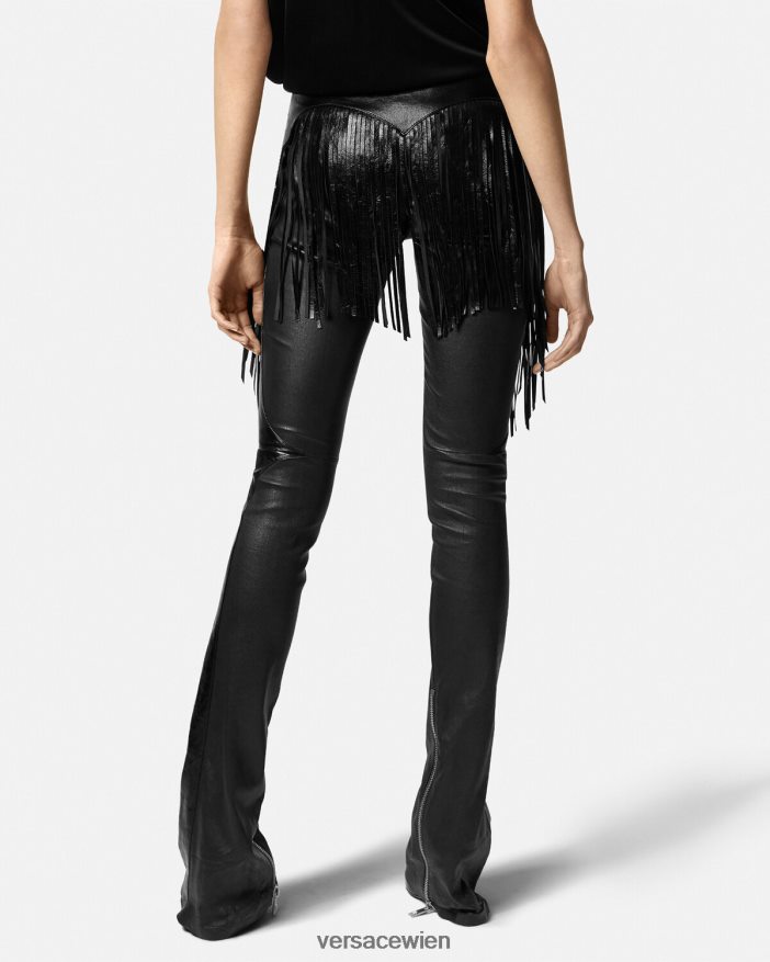 Schwarz Lederhose mit Fransen Versace Frauen Kleidung 8N4XJD223