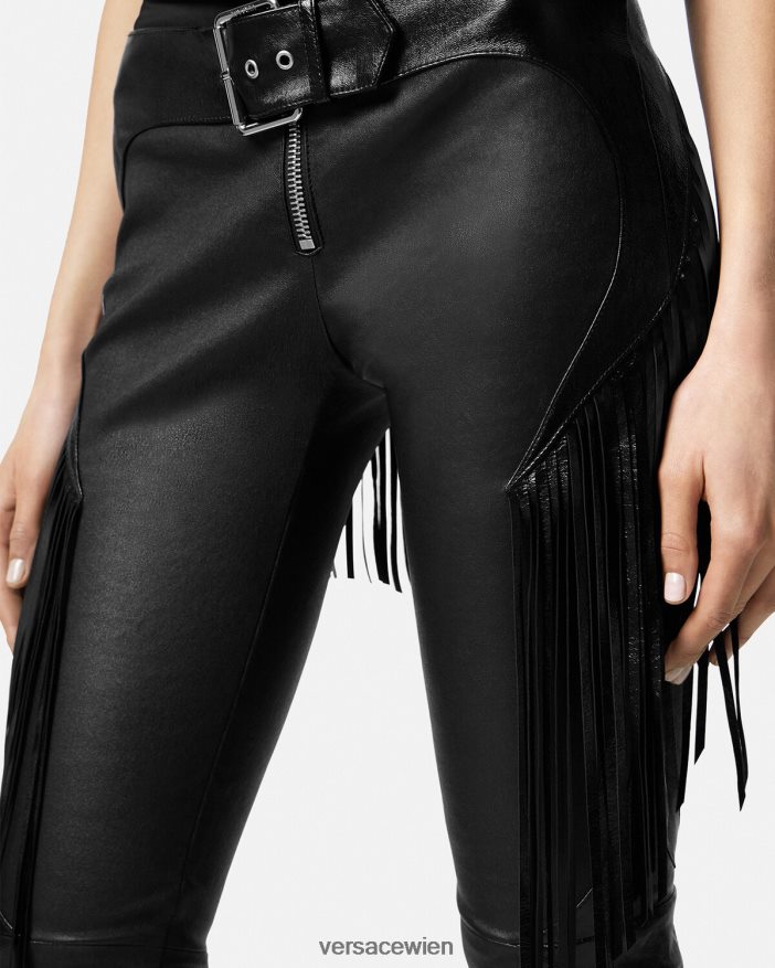 Schwarz Lederhose mit Fransen Versace Frauen Kleidung 8N4XJD223